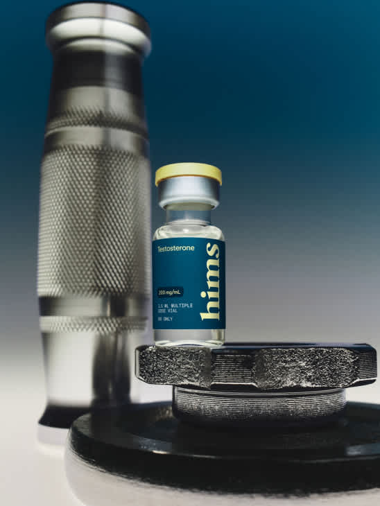 Hims testosterone vial beside a shaker bottle