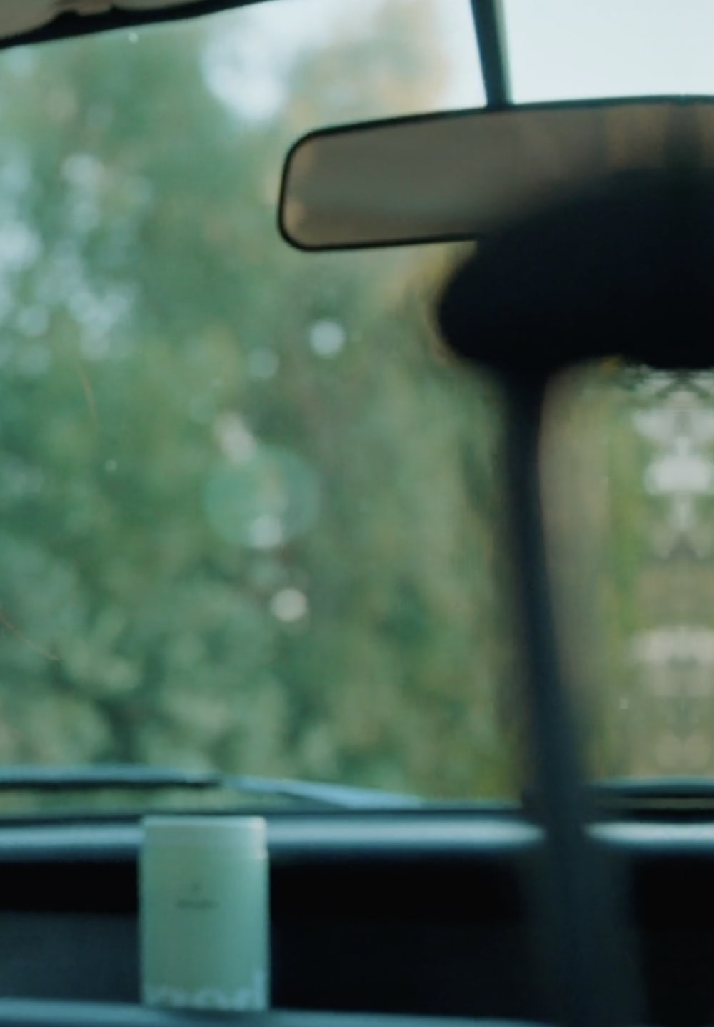 View of a car’s rearview mirror and headrest